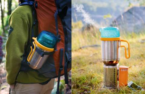 BioLite Camp Stove 2 Bundle - Camp stove med Kettle Pot ovanpå och bild på CampStove ihoppackad i en utanpåficka på ryggsäck.