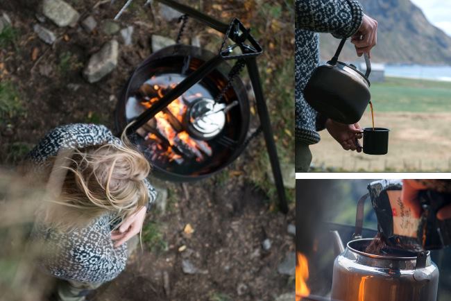 Koka kokkaffe i kaffepanna över braspanna eller lägereld.