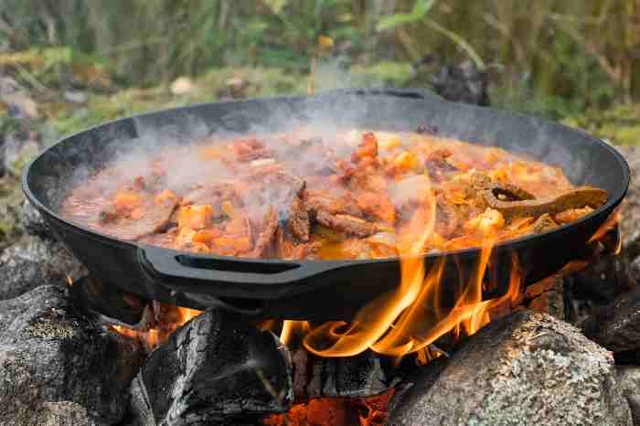 mustig köttgryta i gjutjärnspanna över öppen eld.