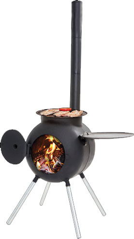 Portabel grill och kamin från Australien - här med luckan öppen så att du ser elden.