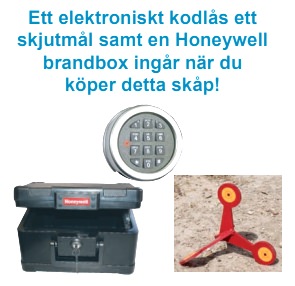 Ingår i köpet: elketronsiskt kodlås, brandbox och skjutmål.